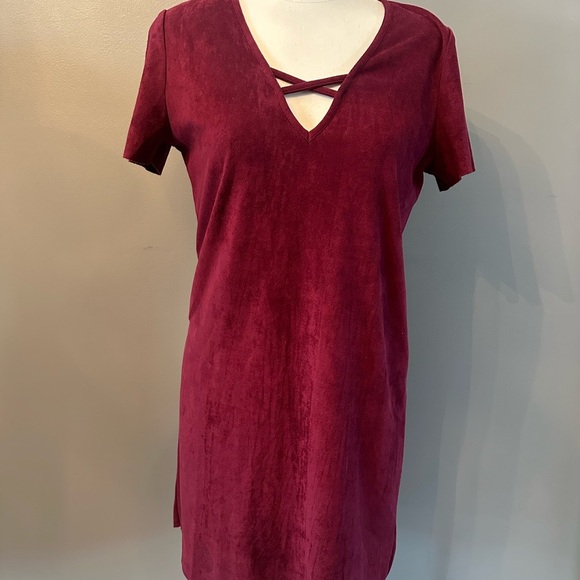 Burgundy suede V-Neck Dress with Crisscross Detail - Picture 1 of 4